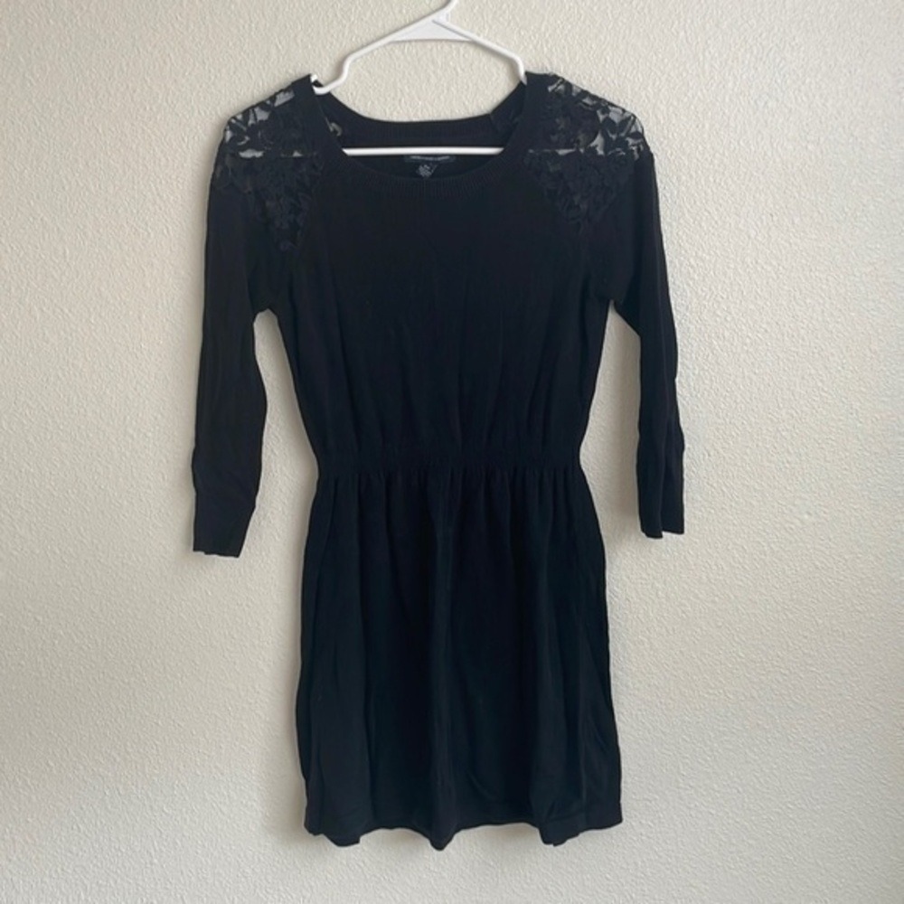 Sweater Dress Lace Shoulder Black Dress Long Sleeve Casual Dress